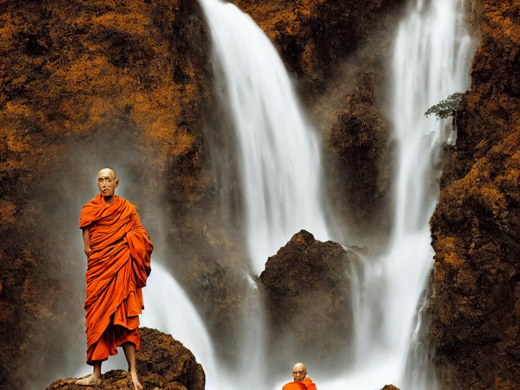 Image similar to dang ngo, annie leibovitz, steve mccurry, a simply breathtaking shot of mediating monk in orange, giantic waterfall, bright moonlight, golden ratio, wide shot, symmetrical