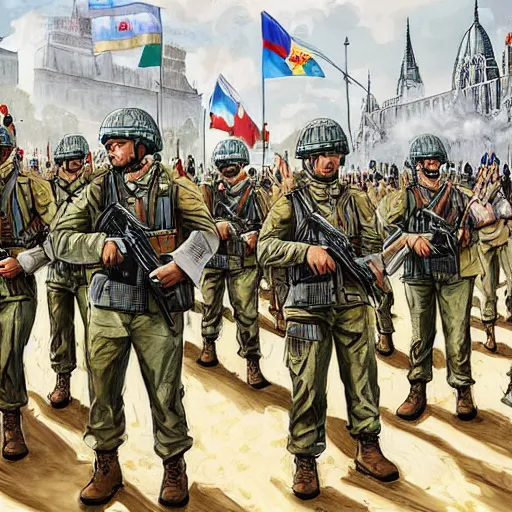 Image similar to army of the european union fighting on the streets of budapest 2 0 2 2, highly detailed illustration for time magazine cover art