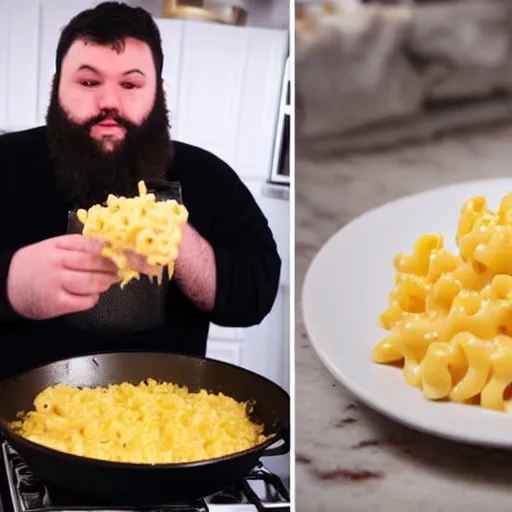 Image similar to overweight 2 0 year old with messy black hair and big beard cooks mac and cheese late at night