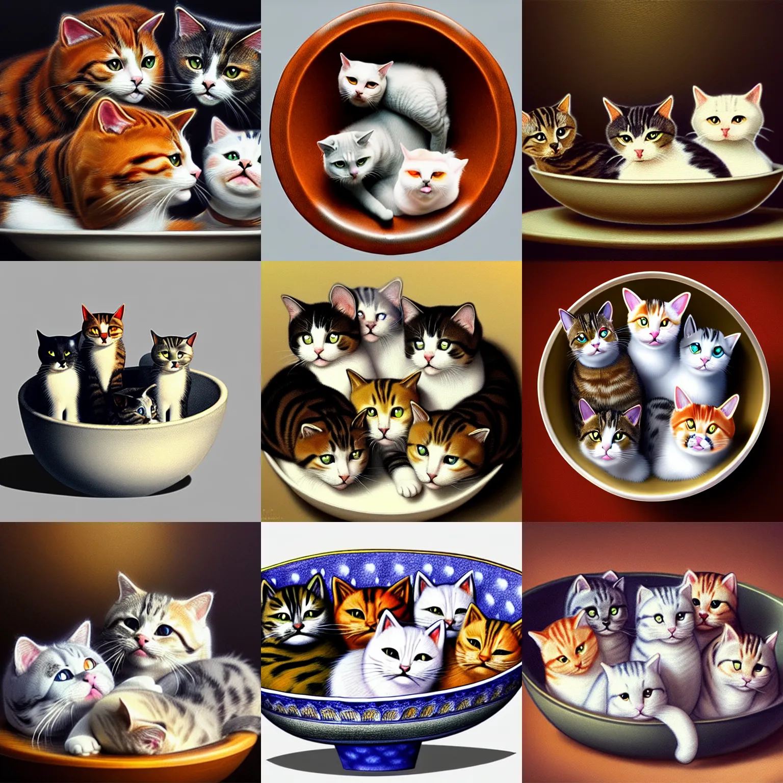 Prompt: photo of a bowl of cats, high detail, hyper realistic, trending on artstation
