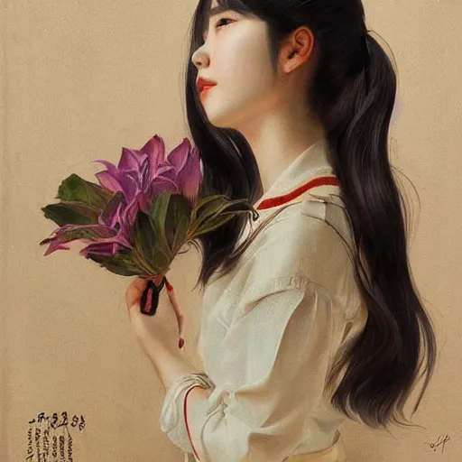 Image similar to IU, Korean Idol, Korean Artist, very detailed, digital art, concept art, studio quality, ethereal, art style by J. C. Leyendecker