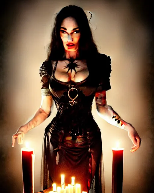 Image similar to megan fox witch queen, black eyes, blood, full body, intricate victorian dress, symmetrical eyes, rafael albuquerque, frank frazetta, moody lighting, candles