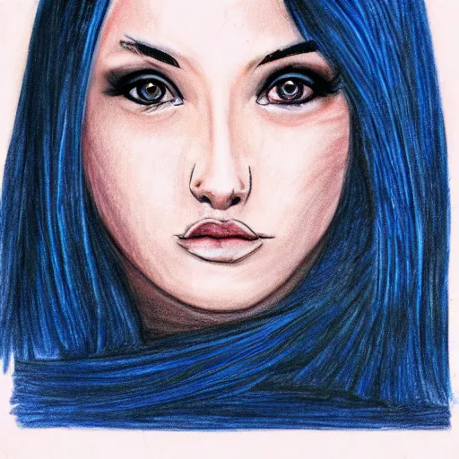 Image similar to drawing of a beautiful woman with short blue hair, big brown eyes