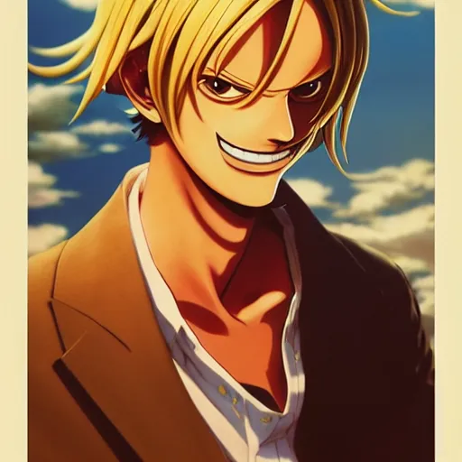 Image similar to sanji by eiichiro oda!, greg rutkowski, loish, rhads, beeple, makoto shinkai, tom bagshaw, alphonse mucha, sharp focus, art by artgerm and greg rutkowski, stanley kubrick, backlit, harsh overhead sunlight,