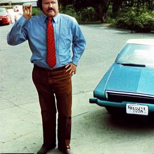 Image similar to a deteriorating color photo from 1 9 7 2 of a persistent used car salesman that looks like a cross between bill burr and fred savage with his hand on a junker car