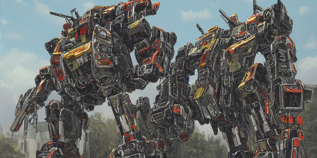 Image similar to Highly detailed painting of a large battle mech equipped with many chainsaws by moebius