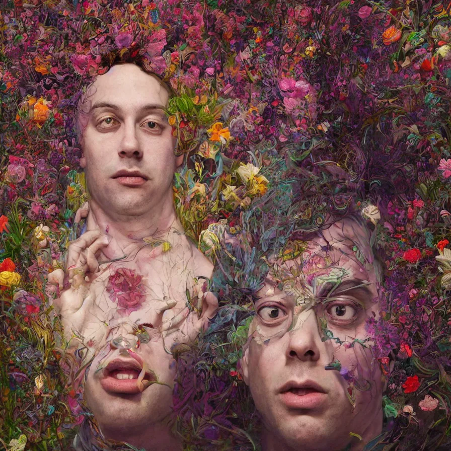 Image similar to male portrait of todd solondz tripping on dmt and becoming god, surrounded by flowers by francis bacon, karol bak, james jean, tom bagshaw, rococo, trending on artstation, cinematic lighting, hyper realism, dramatic, emotional, octane render, 8 k, hyper detailed.