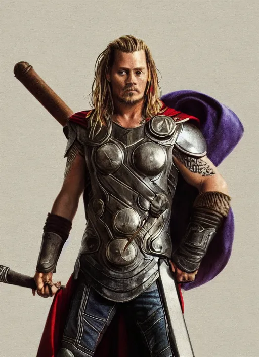 Image similar to johnny depp as thor wielding mjolnir, naturel, hyper detailed, digital art, trending in artstation, cinematic lighting, studio quality, smooth render, unreal engine 5 rendered, octane rendered, art style by klimt and nixeu and ian sprigger and wlop and krenz cushart