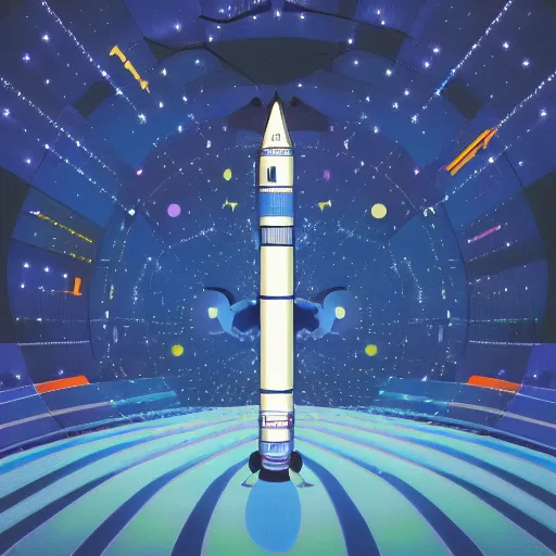 Prompt: a frontal drawing of a vertical rocket center in the image with a dark blue background and clouds with stars by takashi murakami, beeple and james jean, aya takano color style, trippy, 8 k, super detailed, night sky, digital art, digital painting, clean