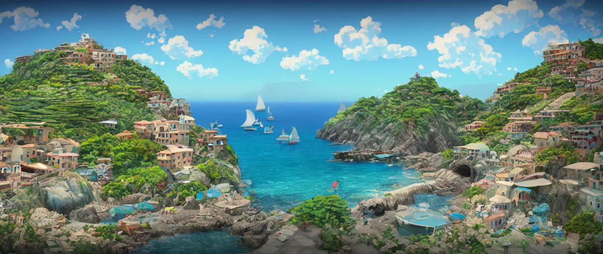 Image similar to pixar 3D render, by studio ghibli, (french bande dessinée), solarpunk, year 1244, fantasy setting, jrpg, mediterranean landscape, quaint old village, cinq terre, highly detailed, luminous, white rock, bright beautiful teal sky and sea, very sunny, light radiosity, concept art