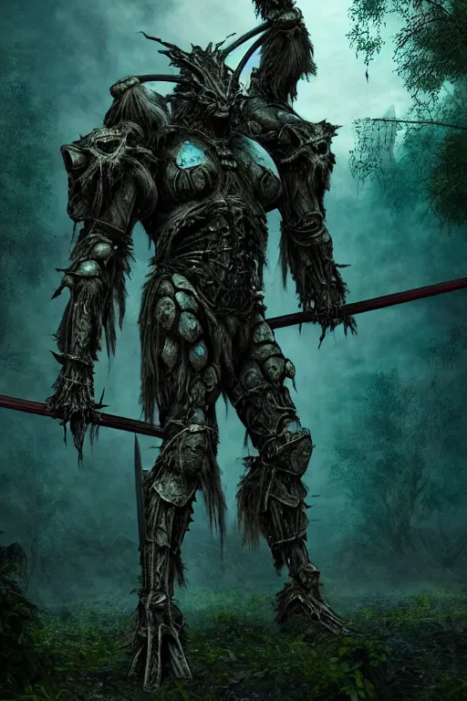 Image similar to post - gothic giant muscular humanoid chimera, exoskeleton armor, holding katana, dystopian ruins covered in vegetation, highly detailed smooth digital art masterpiece, vitaly bulgarov giger dramatic dark teal light, ground angle hd 8 k, sharp focus