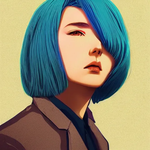 Image similar to ilya kuvshinov with long sky blue hair, gold eyes, boy face, professional digital illustration, somber, digital art, concept art, award - winning photography, cinematic, wlop, color block, art by andy warhol, pixiv art, yoshitaka amano