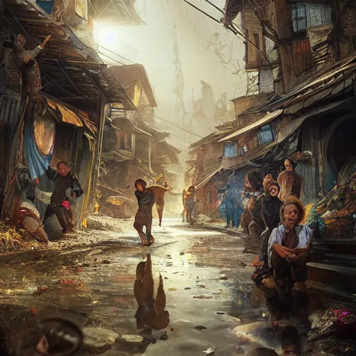 Image similar to artgerm, ilya yefimovich repin style as slum neighborhood in lord of the ring world, fantasy, photorealistic content, hyperrealistic content, high definition content, intricate, delete duplicate content, justify content center, left align, right align, ultra detailed content, ultra realistic face structure, rgb color