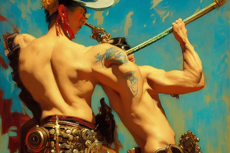 Image similar to turquoise samurai painting by gaston bussiere, craig mullins, j. c. leyendecker, tom of finland,