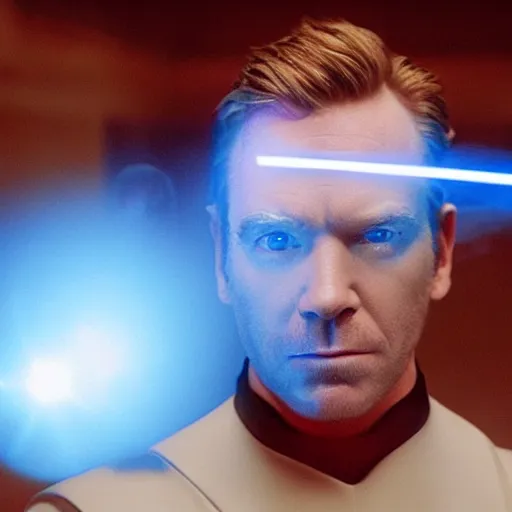 Image similar to film still of ewan mcgregor as a force ghost, star wars, blue ghost, transparent, epic lighting, highley detailled, kodak film