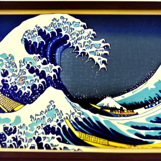 Prompt: the great wave off kanagawa with a red river raft