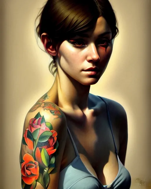 Image similar to stylized portrait of an artistic pose, composition, young tattooed suicide girl, realistic shaded, fine details, realistic shaded lighting poster by ilya kuvshinov, magali villeneuve, artgerm, jeremy lipkin and michael garmash and rob rey