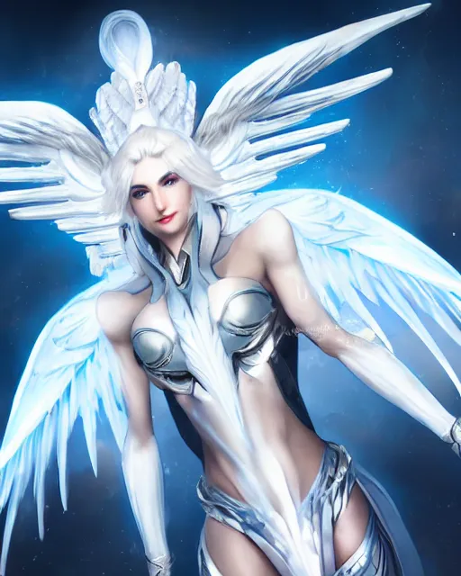 Image similar to perfect white haired attractive egyptian goddess with huge white dove wings, warframe armor, beautiful, symmetric, dreamy, half asian, pretty face, blue eyes, detailed, scifi platform, laboratory, experiment, 4 k, ultra realistic, epic lighting, android body, illuminated, cinematic, masterpiece, art by akihito tsukushi, voidstar