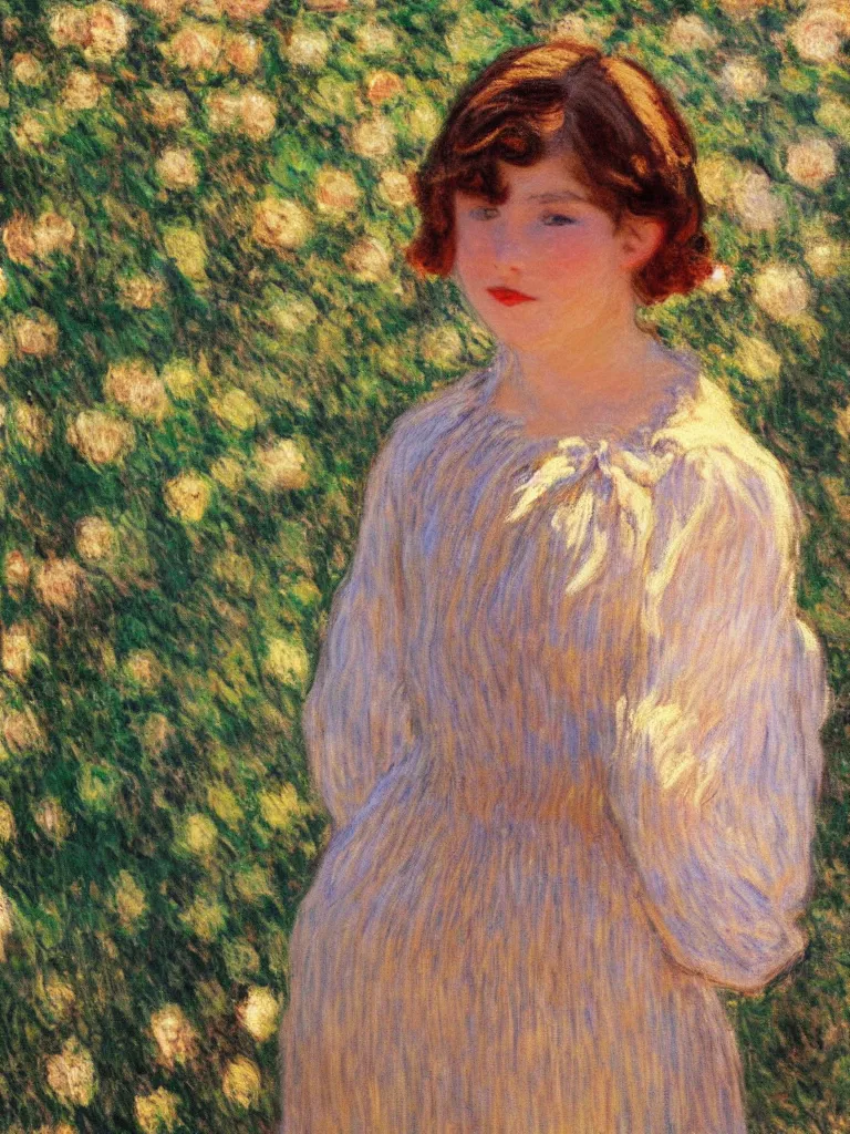 Image similar to a beautiful young girl dressed in 1 9 2 0 s fashion, brown hair, slim, fair, turning her head and smiling, in the sun, out of focus, backlit, close up, oil on canvas, by monet, in the style of le promenade