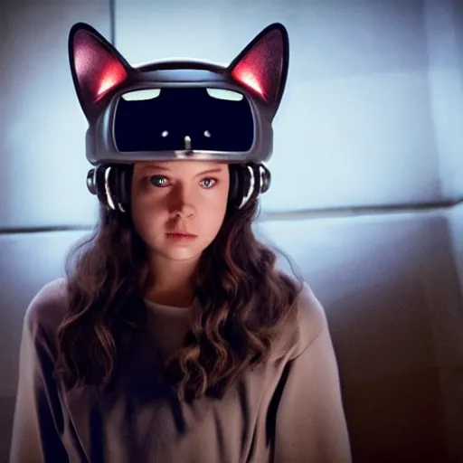 Prompt: movie still of a girl with a cyborg cat helmet, cinematic composition, cinematic light, by edgar wright and david lynch