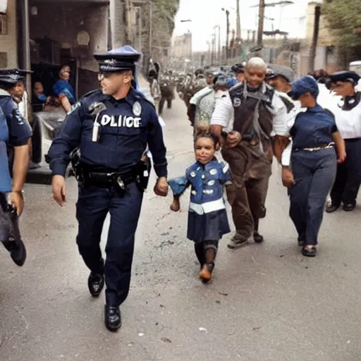 Image similar to a police officer helping people get to safety in a war