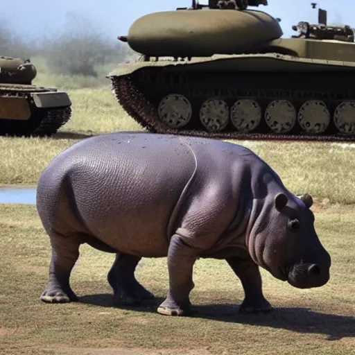 Image similar to Hippo stares down tank