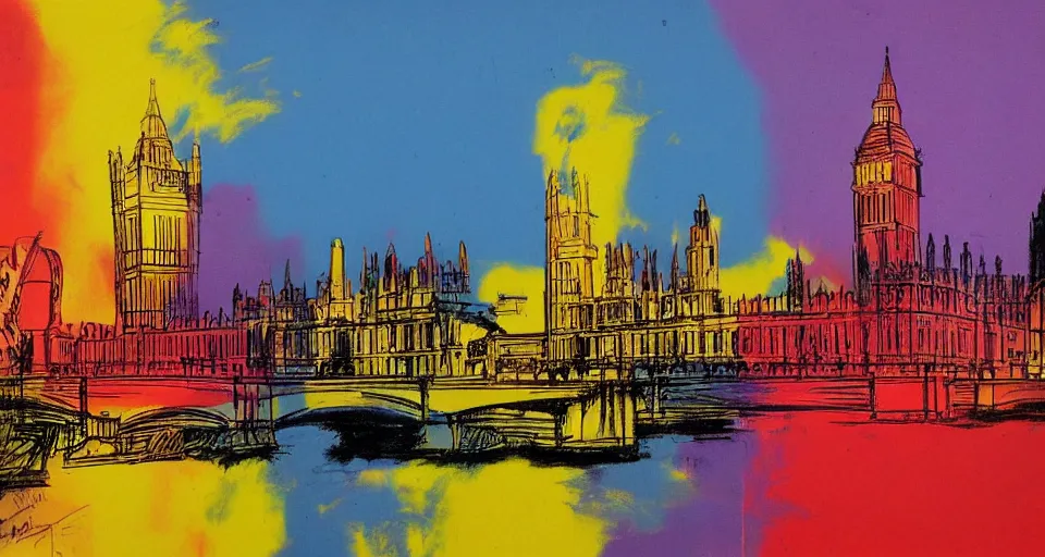 Image similar to color sketch of the london skyline, highly detailed, dramatic lighting, intense shadows, rich deep colours, by andy warhol