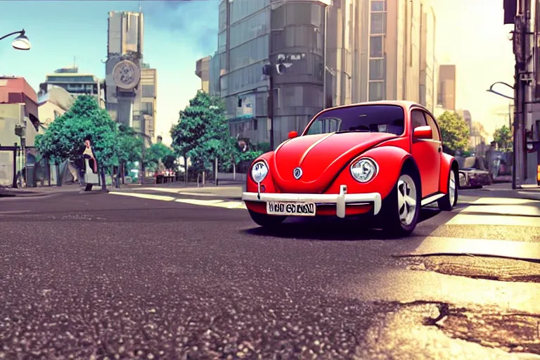 Image similar to a wholesome animation key shot of!! one!! focused!! vw beetle superbug!! in shiny reflective stainless steel, in a sydney street in australia, medium shot, studio ghibli, ( pixar ) and disney animation, sharp, very detailed, high resolution, rendered in unreal engine 5, anime key art by greg rutkowski, bloom, dramatic lighting