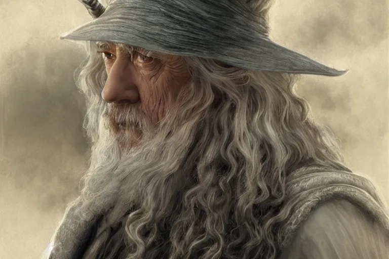 Image similar to Gandalf from Lord of the Rings, diffuse lighting, fantasy, intricate, elegant, highly detailed, lifelike, photorealistic, digital painting, artstation, illustration, concept art, smooth, sharp focus, art by John Collier and Albert Aublet and Krenz Cushart and Artem Demura and Alphonse Mucha