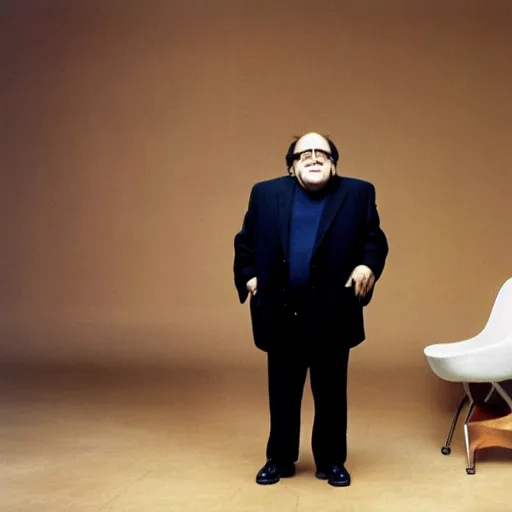 Image similar to danny devito standing next to a chair shaped like an egg, renaissance painting, masterpiece