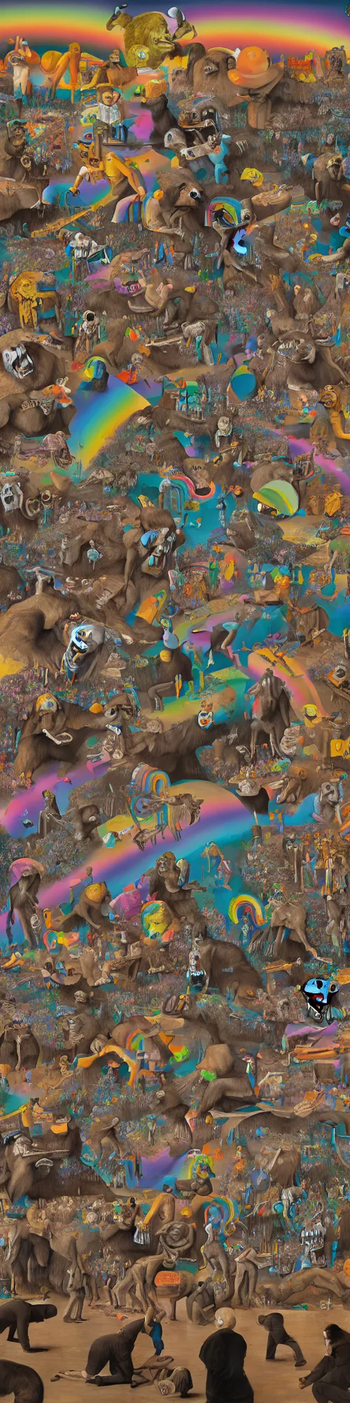 Image similar to epic mural of grizzly bear skeletons dancing, rainbow tubing, hieronymus bosch, victor moscoso, owsley, r crumb, clean outlines, shusei nagaoka, octane render