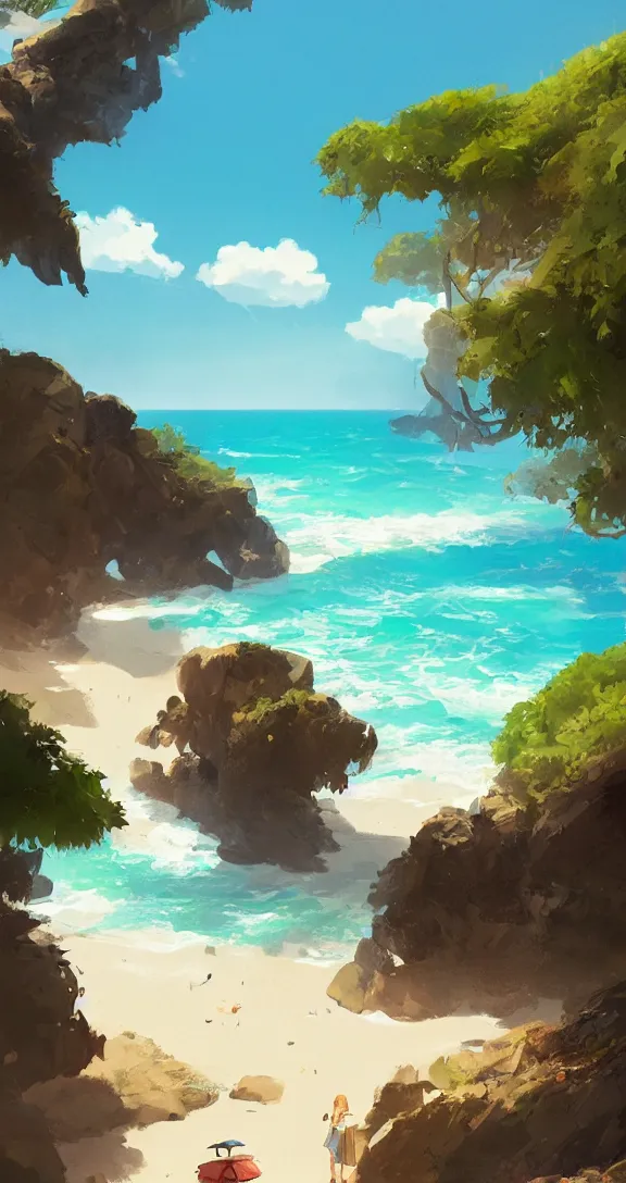 Prompt: A long and winding beach, tropical, bright, simple, by Studio Ghibli and Greg Rutkowski, artstation