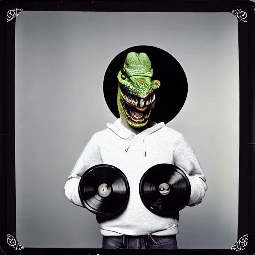 Prompt: surreal, photo of man in realistic lizard mask, in a hoodie, holding a vinyl record, 8 0 - s fashion, polaroid photo, by warhol,