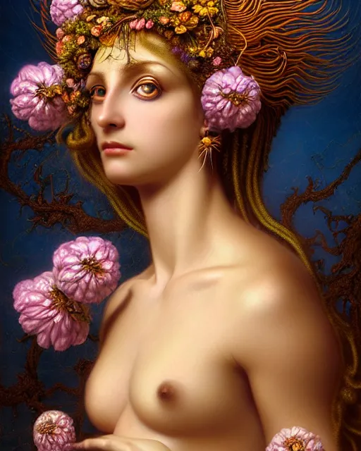 Prompt: portrait of the goddess of flourish and decay, unusual beauty, flowers and plants, emotionally evoking symbolic metaphors, head in focus, fantasy, ornamental, intricate, elegant, sensual, highly detailed digital painting, artstation, concept art, painterly, golden ratio, sharp focus, illustration, art by John William Godward and Boris Vallejo and Zdzisław Beksiński,