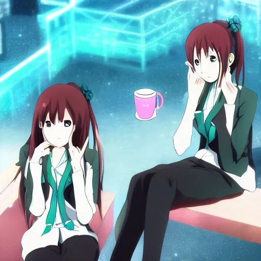 Prompt: Anime art of Makise Kurisu and Hatsune Miku drinking tea, pixiv, in the style of Makoto Shinkai, 4k, wallpaper