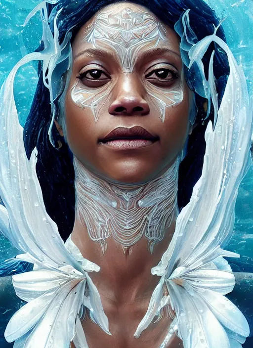 Prompt: dramatic upper body portrait of Zoe Saldana as a dark-skinned la sirene Haitian mermaid goddess by Ruan Jia and Mandy Jurgens and Artgerm and william-adolphe bouguerea, underwater, white sheer fabric, white lilies, shells, mirrors, marvel comics, intricate, highly detailed, smooth, artstation, digital illustration by julie bell and Ruan Jia and Mandy Jurgens and Artgerm and William Adolphe Bouguereau and John Collier and Greg Rutkowski and Frank Frazetta