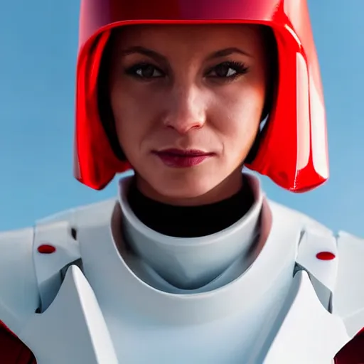 Prompt: headshot of a athletic female soldier in glossy sleek white armor with tiny red details and a long red cape, heroic posture, on the surface of mars, night time, dramatic lighting, cinematic, sci-fi, hyperrealistic