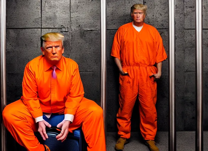 Image similar to photo of donald trump sitting in a jail cell wearing an orange jumpsuit defocused bars in the foreground, studio lighting, key light, 8 k, 8 5 mm f 1. 8