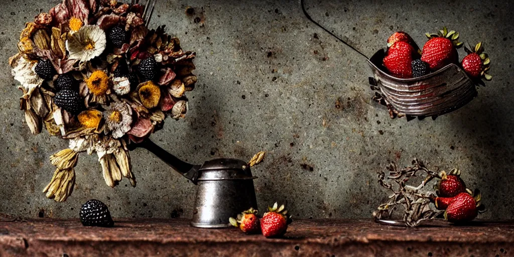 Image similar to side view, decaying rotting strawberry and blackberry, moldy, on an antique distressed table top, dried flowers, metal kitchen utensils, old kitchen backdrop, dark kitchen, style by peter lippmann, intricate detail,