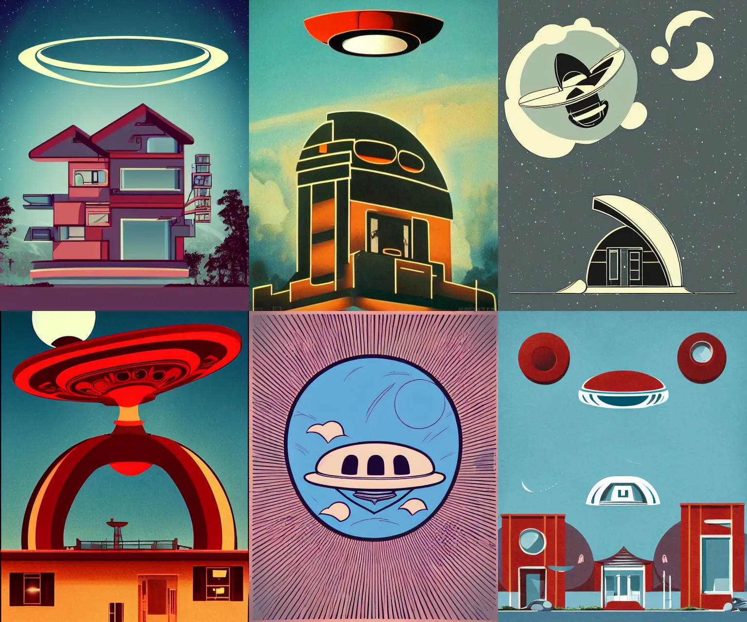 Prompt: retro-futurism style-art deco- UFO above house