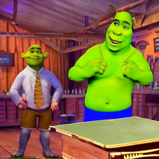 Image similar to shrek playing beer pong