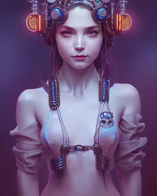 Image similar to one singular portrait of a cute bioluminescent steampunk girl, highly detailed, digital painting, moody cinematic lighting, hyperrealism, dark retrowave, art by stanley lau and artgerm and magali villeneuve and alphonse mucha, artstation, octane render, cgsociety