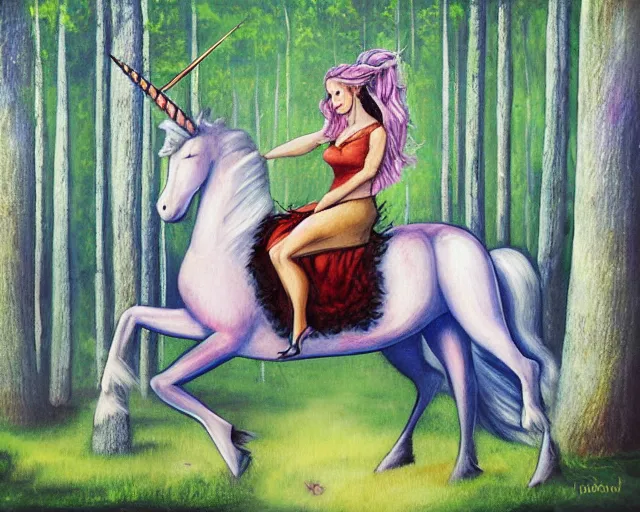 Image similar to woman riding a unicorn in enchanted forest, tiktok painting by annie liebovitz