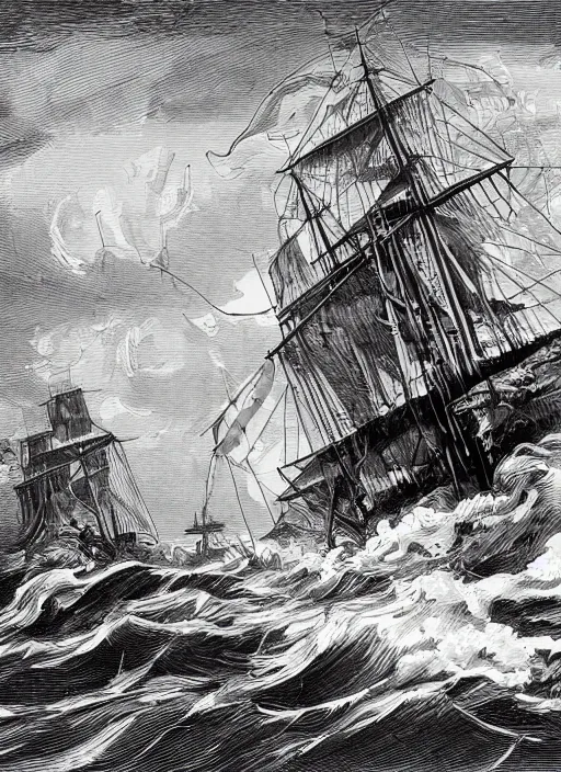 Prompt: rear of photo realistic galleon in rough seas, art by piranesi, woodblock print, black and white, vector, vector art