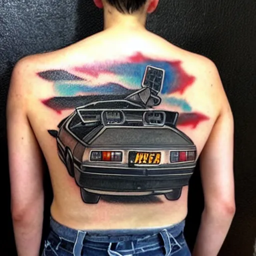 Image similar to a tattoo of delorean from back to the future,