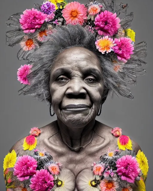 Image similar to a portrait of a beautiful fleshy old black woman who is surprised she is still alive, covered in flowers in the style of guiseppe arcimboldo and james jean, covered in wispy gray hair with a hint of neon, hd 3 d,