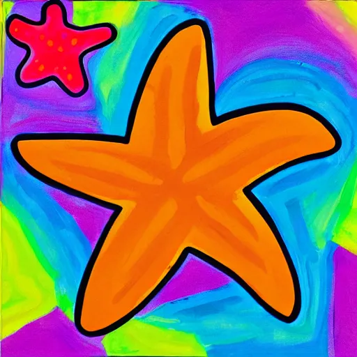 Prompt: a painting of a giant brown starfish with the words c and starfish in big letters. children in a school band playing nearby. art by picasso and a little by lisa frank