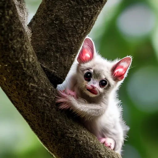 Image similar to a bat kitten, in a tree, Canon EOS R3, telephoto, very detailed, 4k