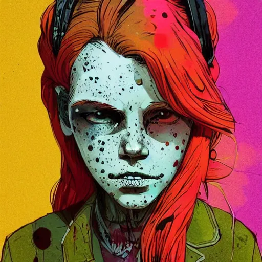 Image similar to Highly detailed portrait of a moody sullen punk zombie young lady with freckles by Atey Ghailan, by Loish, by Bryan Lee O'Malley, by Cliff Chiang, inspired by image comics, inspired by graphic novel cover art, inspired by papergirls !!!vivid green, brown, black, yellow and white paint spatter color scheme ((gradient grafitti tag brick wall background)), trending on artstation