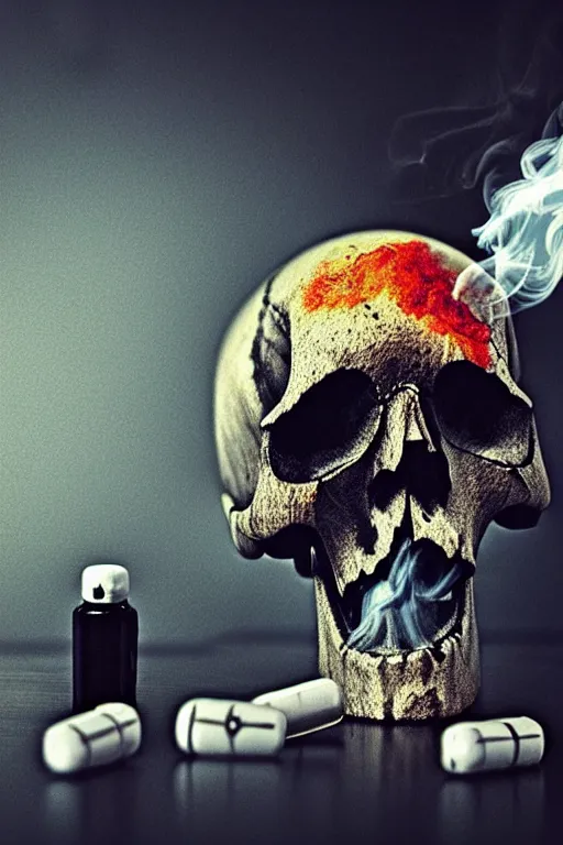 Image similar to pile Off pills and a skull on the table, skull made out of smoke coming out of pills, fantasy, intricate, elegant, highly detailed, digital painting, artstation, concept art, addiction, chains, backround as room full of garbage, smooth, sharp focus, illustration, art by Ilja Repin